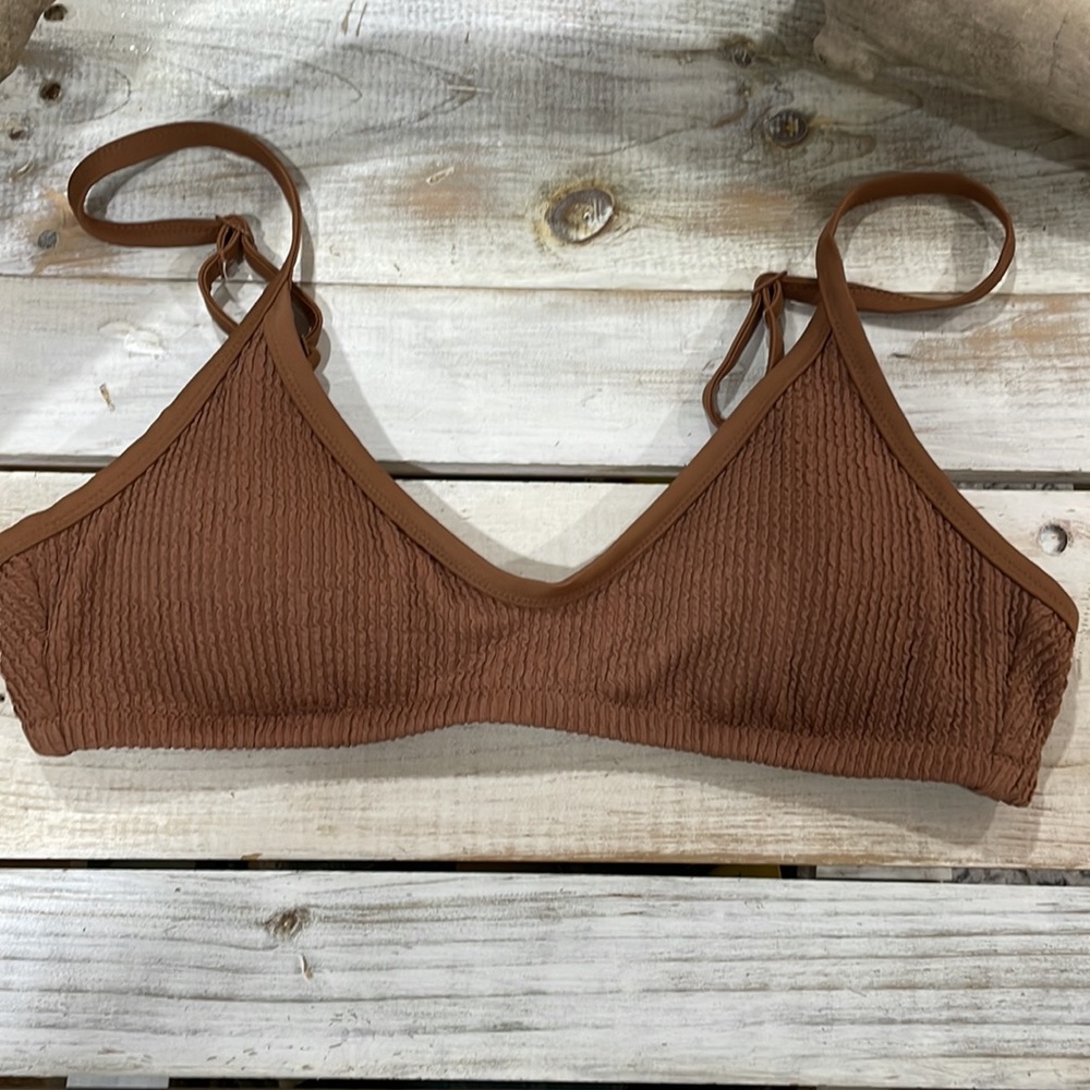 Brown Textured V-Neck Bikini Top - Women Swim